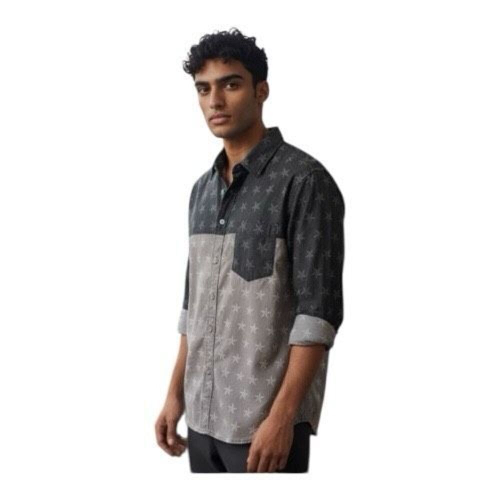 Ditch Plains Men Shirt Size M Black Grey Printed Roll-Tab Long-Sleeve Button